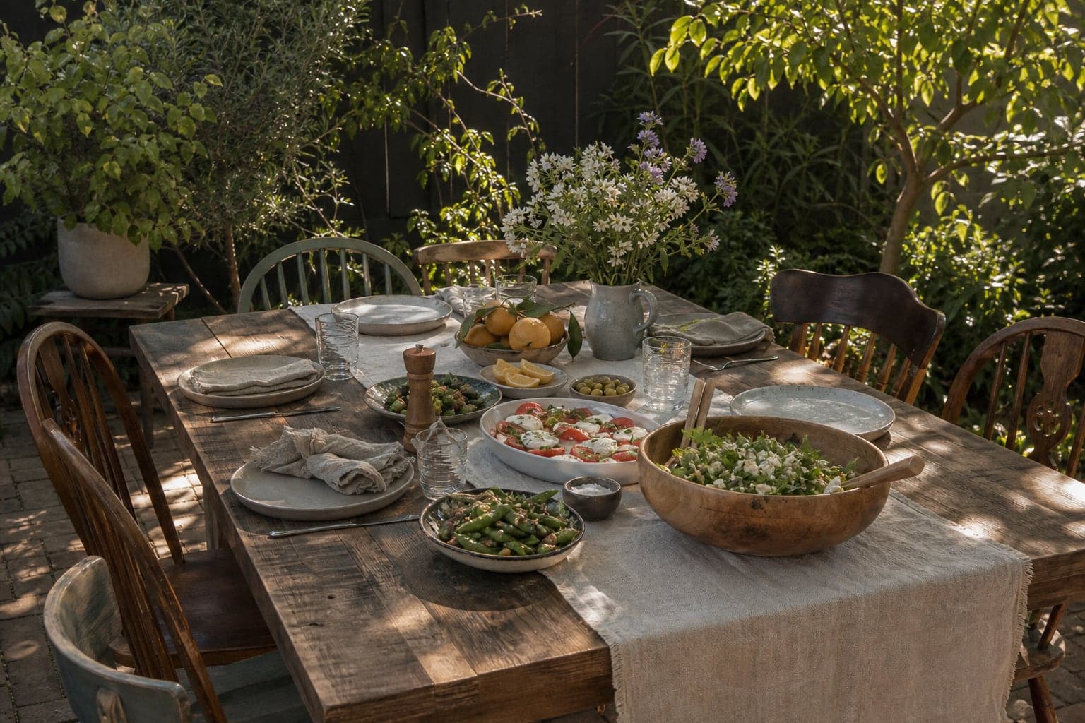 A welcoming outdoor spring lunch table set with shared dishes, lemons, and flowers