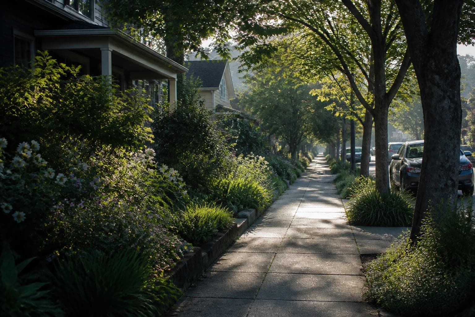 A quiet leafy residential sidewalk in soft early-morning light