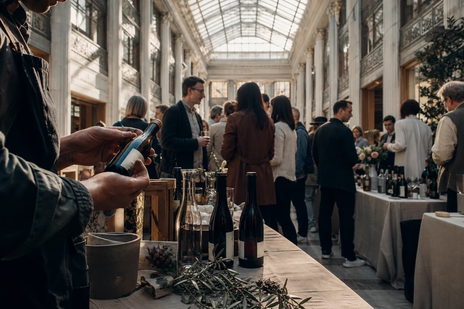 An elegant artisan wine market beneath the glass roof of a historic San Francisco conservatory