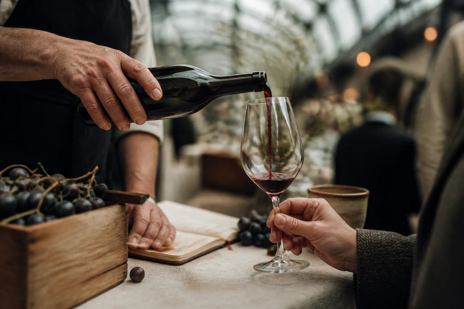 A family winemaker carefully pours a small taste of red wine into a crystal glass
