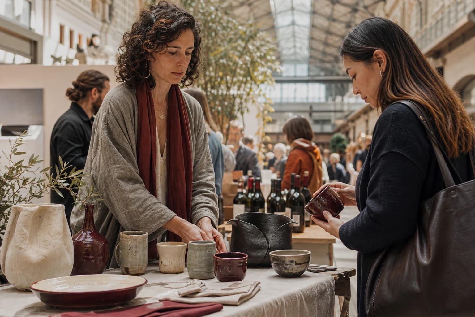 A ceramic artist arranges hand-thrown vessels while a guest studies an oxblood-glazed cup