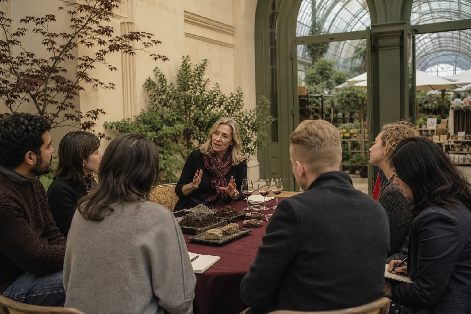 A vintner speaks to an attentive group beside tasting glasses and samples of vineyard soil