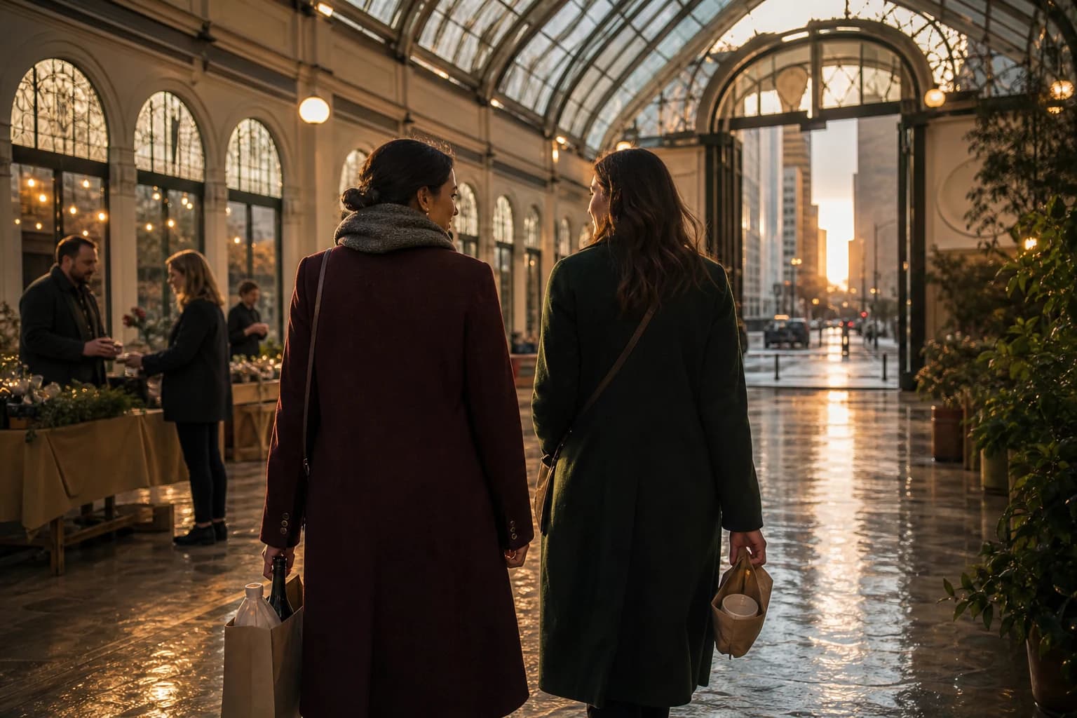 Two friends leave the glowing conservatory at golden hour carrying a bottle and handmade pottery
