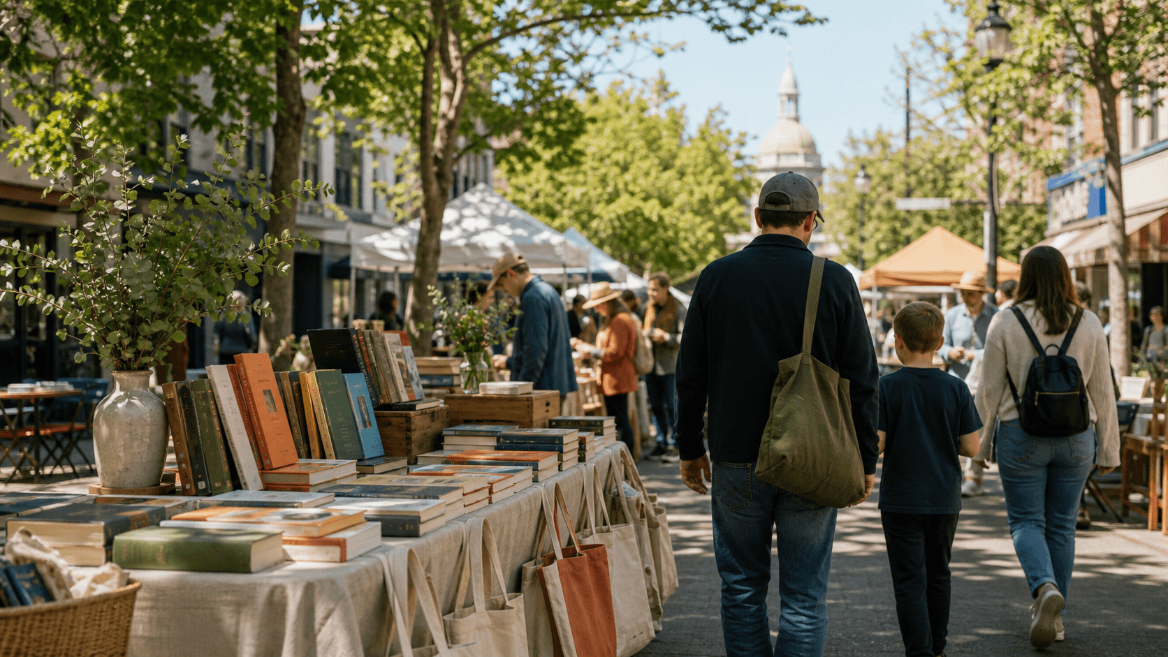 Outdoor bookseller tables beneath leafy trees at a sunny downtown street fair