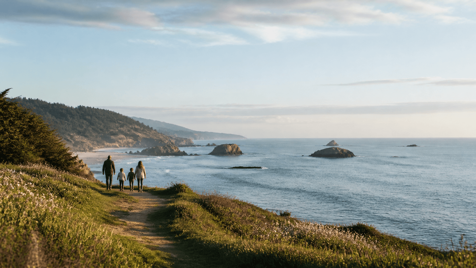 A grassy coastal bluff overlooking a calm blue-gray ocean
