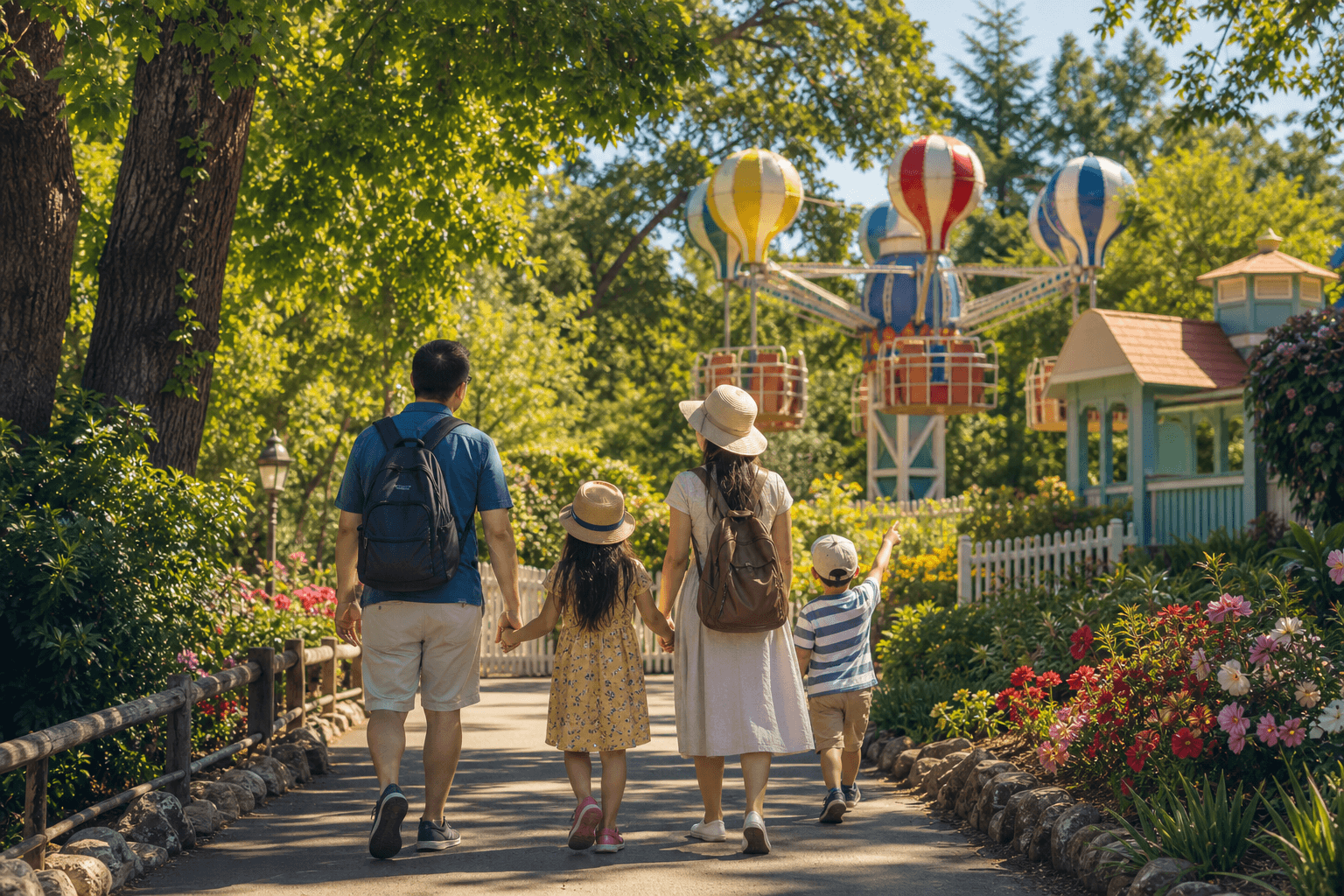 A family walking through a leafy garden theme park toward a colorful ride