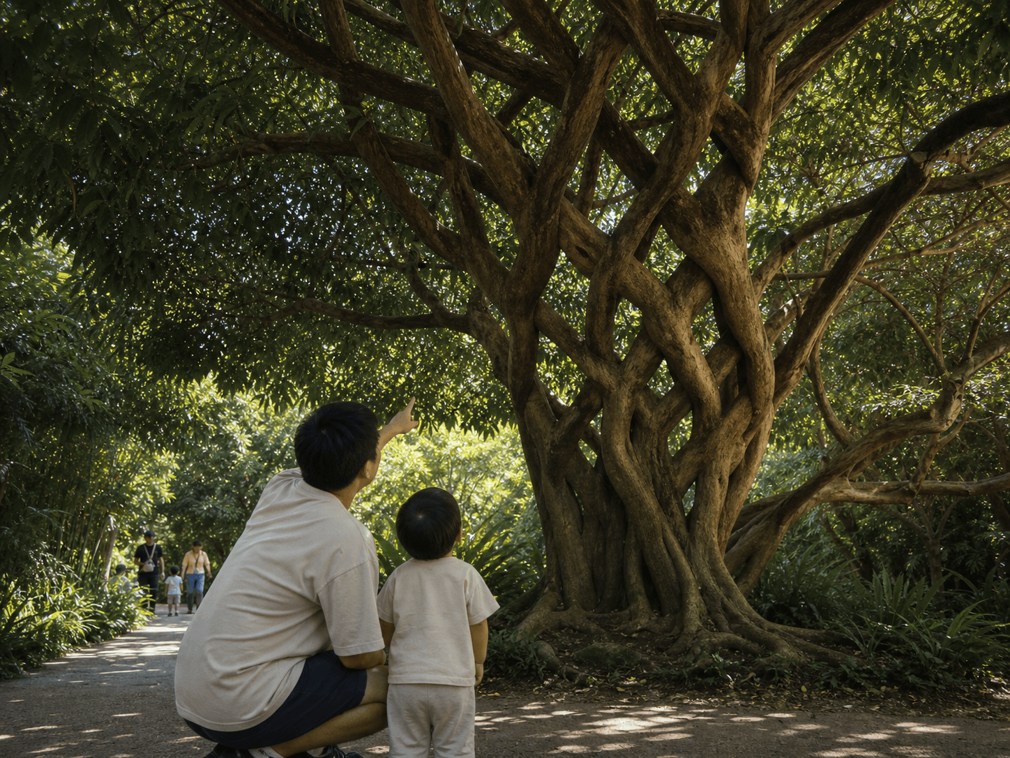 A parent and child looking up at a twisting Circus Tree