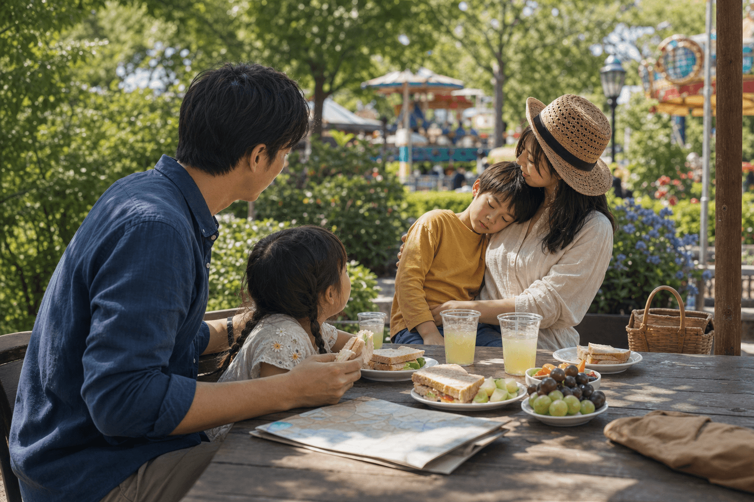 A family resting over lunch at a shaded table in the park