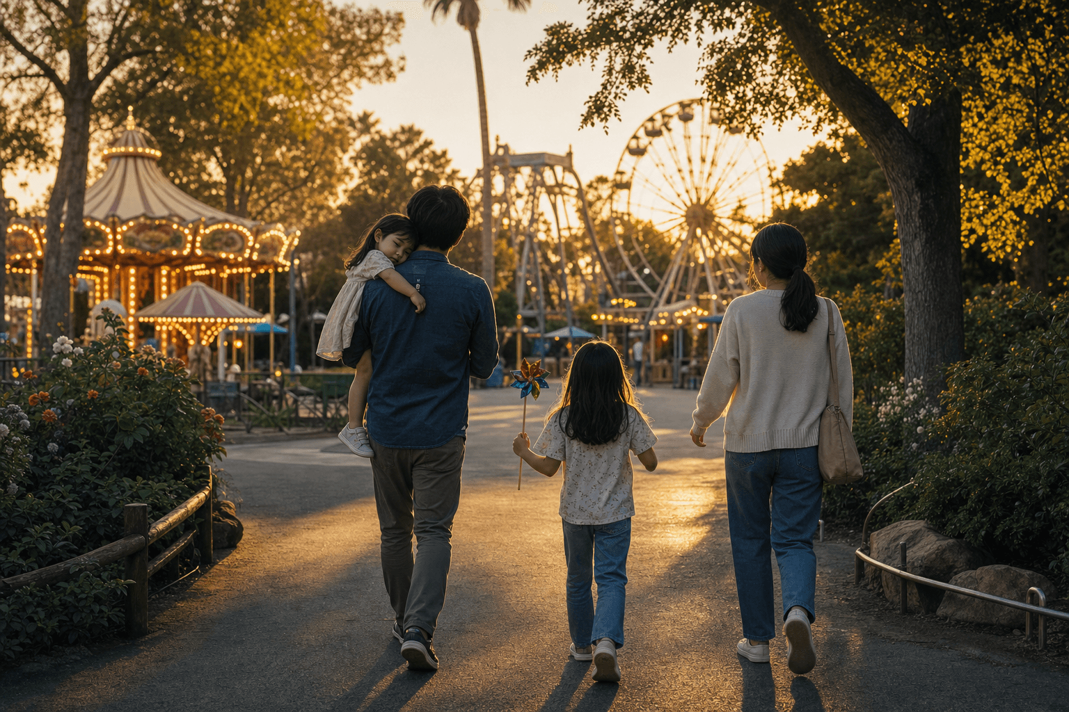 A family leaving a garden theme park in warm late-afternoon light