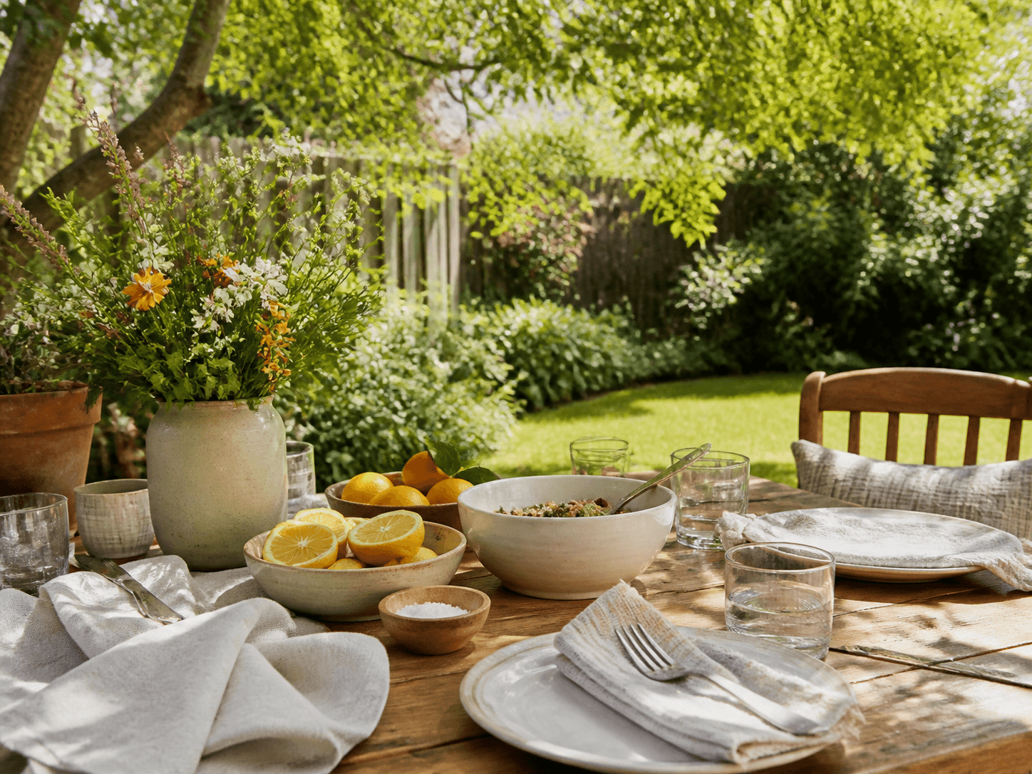 A sunny garden table set with lunch dishes, citrus, and flowers