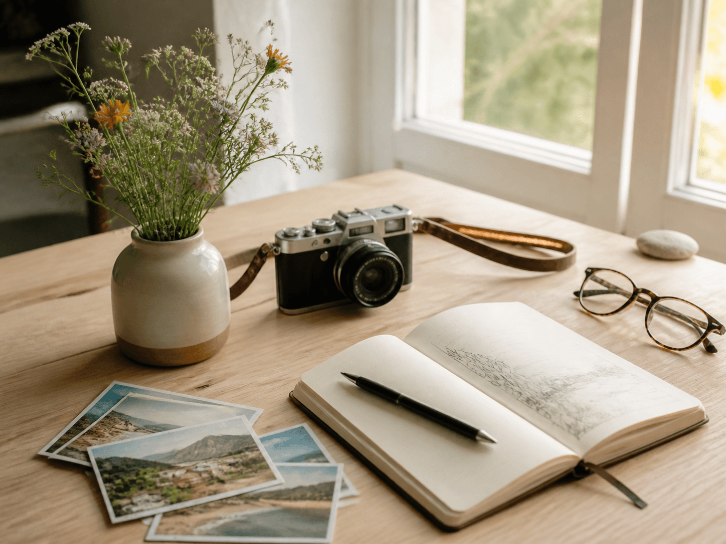 Travel postcards, a camera, and an open notebook by a sunny window